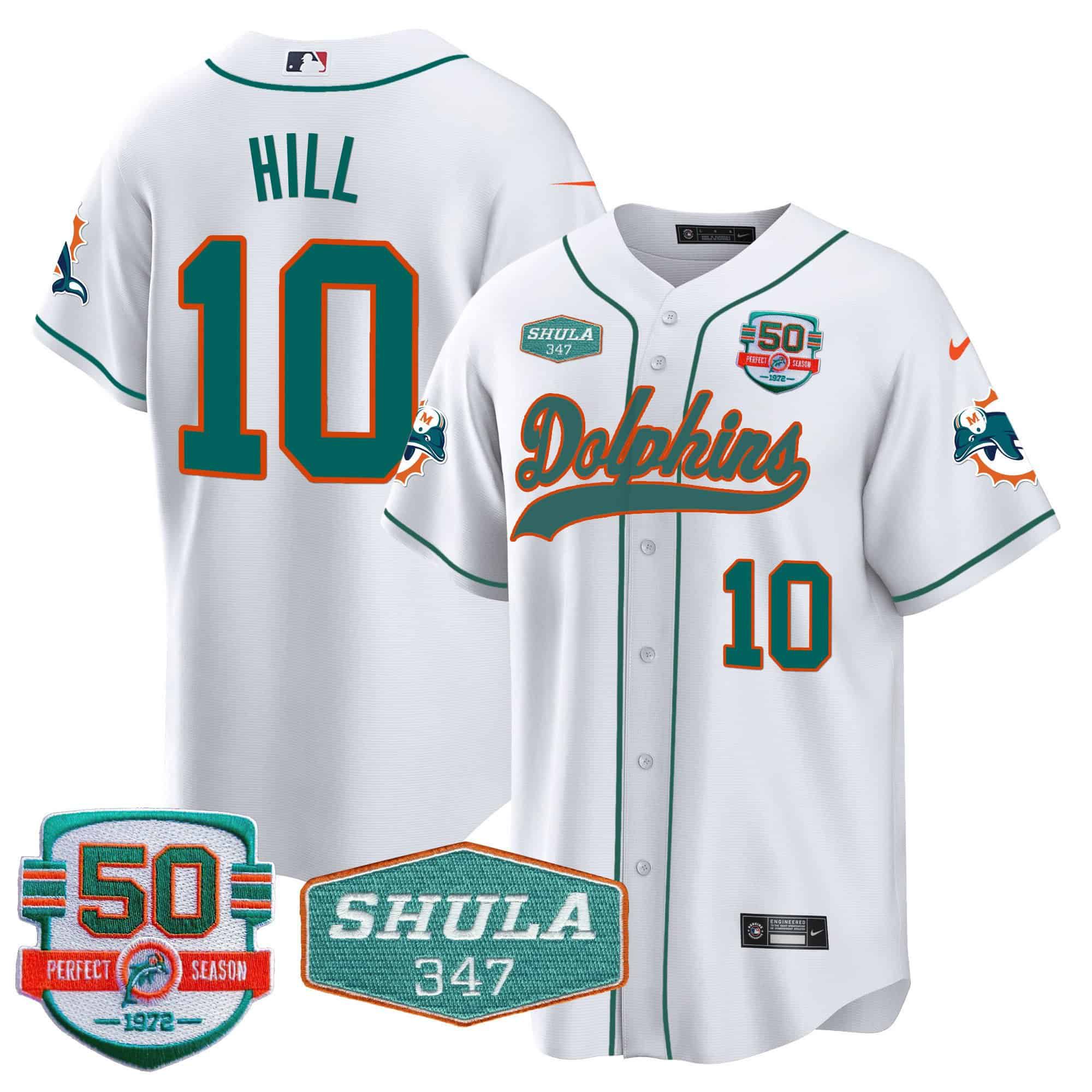 Men Miami Dolphins #10 Hill White 2024 Nike 50th Don Shula Memorial Patch Baseball NFL Jersey